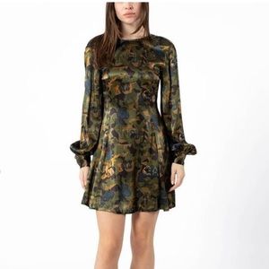 Ganni Green Heavy Satin Abstract Printed Watermark Logo Casual Dress size 38